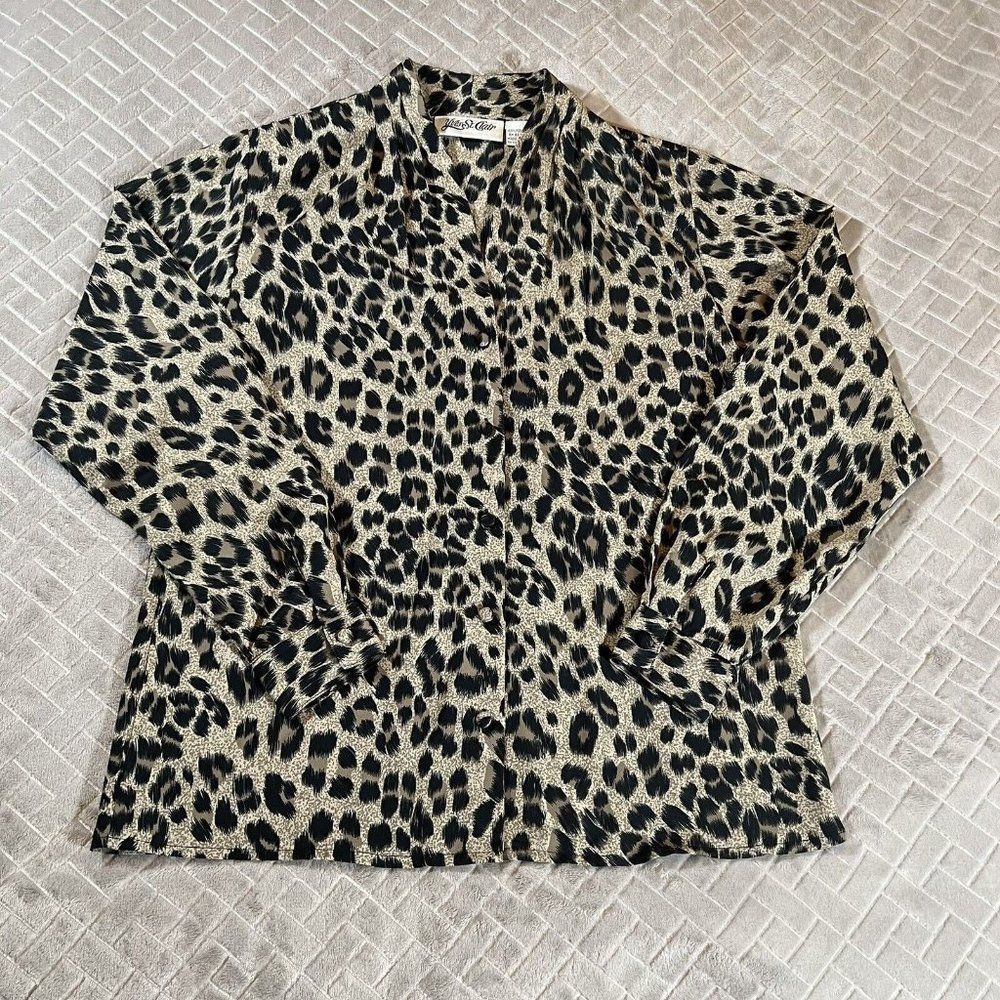 Womens 8 Yves St Clair Button Up Shirt Boxy Satin Leopard Print Long Sleeve